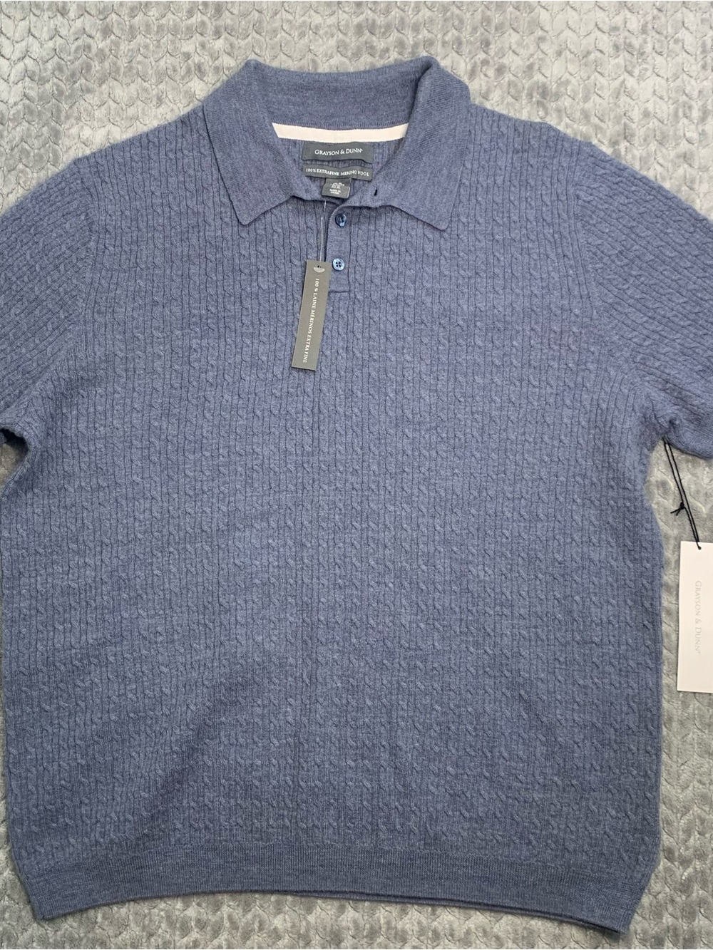 Grayson & Dunn 100% Extra Fine Merino Wool Heathered Slate Blue Cable Polo